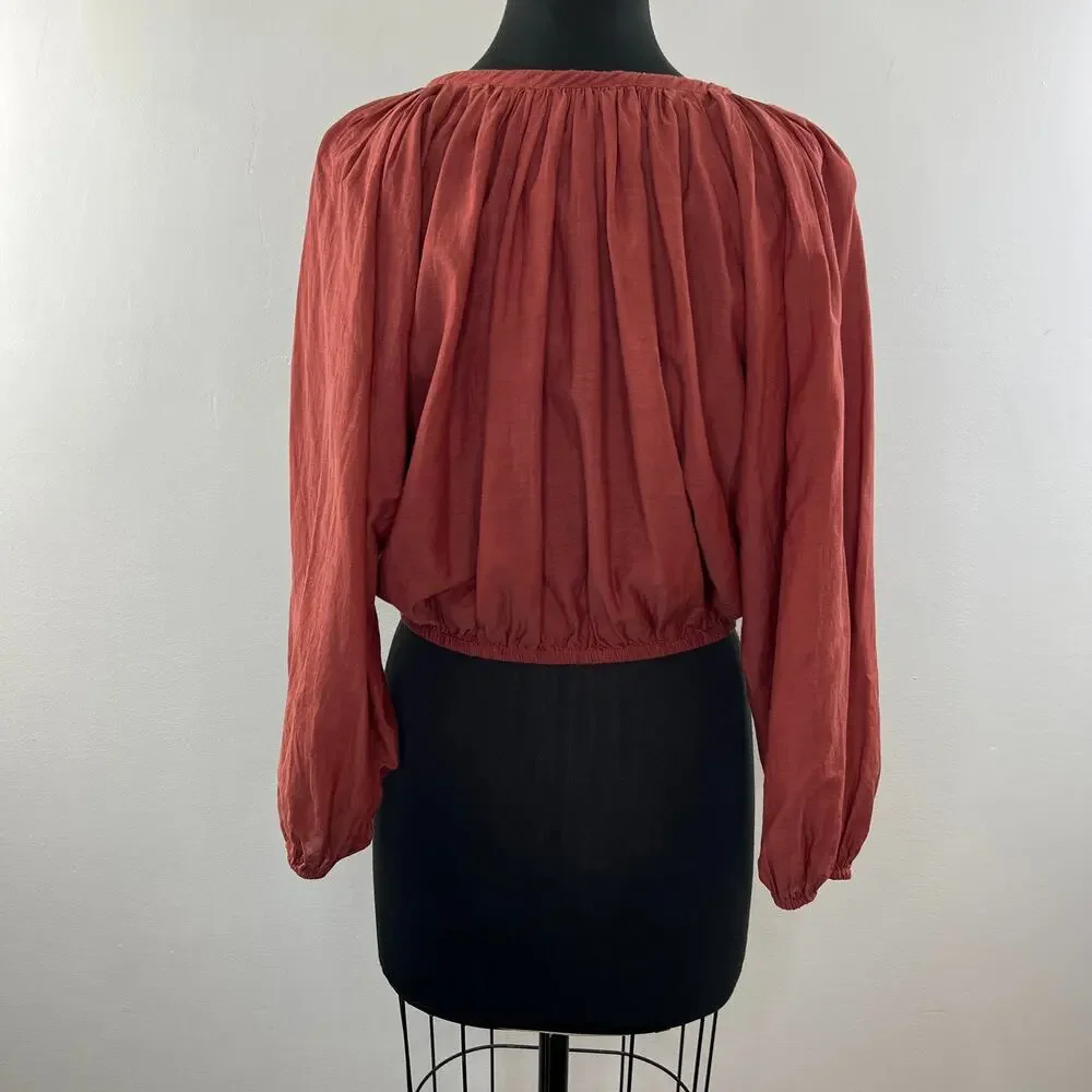 J. CREW Chimney Brown Cotton Blend Puff Sleeve Tassel Tie-Front Crop Top Size S